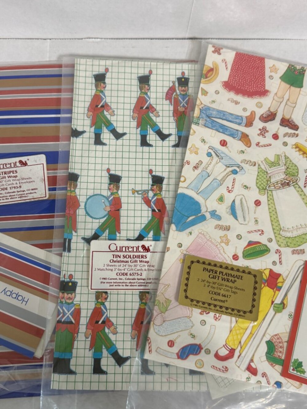 Vintage Current Wrapping Paper STRIPES, TIN SOLDIERS, PAPER PLAYMATE Christmas